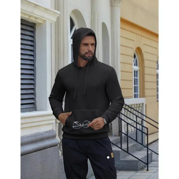Coofandy Men Black Pullover Long Sleeve Drawstring Gym Hoodies Sweatshirt - Picture 2 of 5